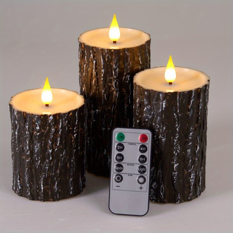 TEMU Brown Pine Bark Flameless Pillar Candles With Remote, Rustic Battery Operated Candles For Home Spa, Woodland Themed Events & Fall Decor, And & Cabin Retreat, 3" X 4" 5" 6" Pack Of 3