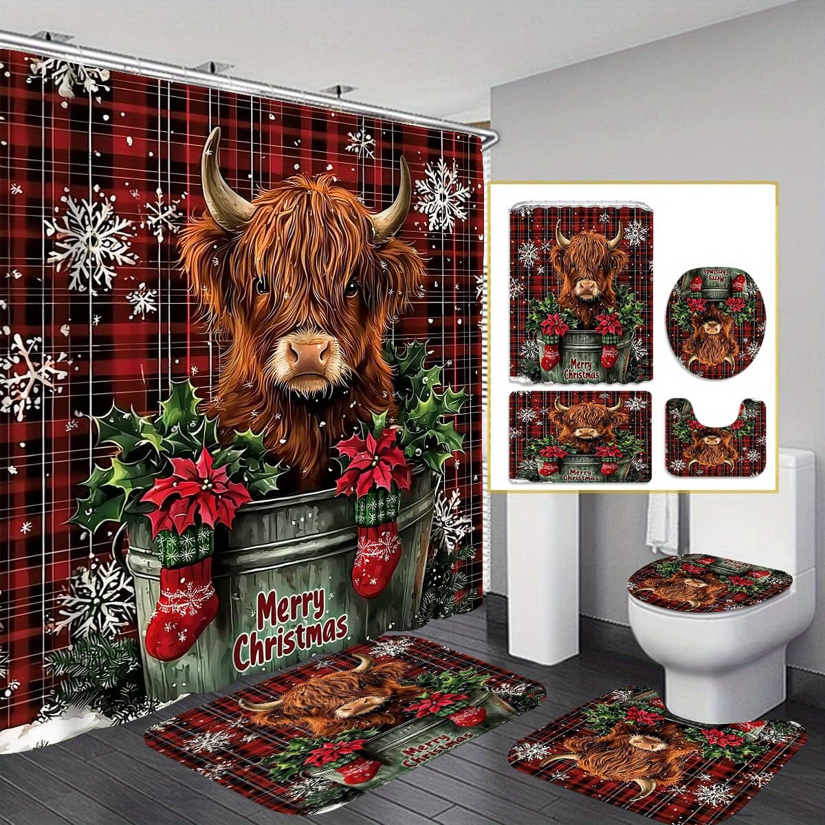TEMU 4pcs Christmas Shower Curtain Set, Yak Shower Curtain, Red Shower Curtain, Xmas Bathtub Cow Shower Curtain, Shower Curtain High Quality Fabric Bathroom Decoration Curtain With 12 Hooks