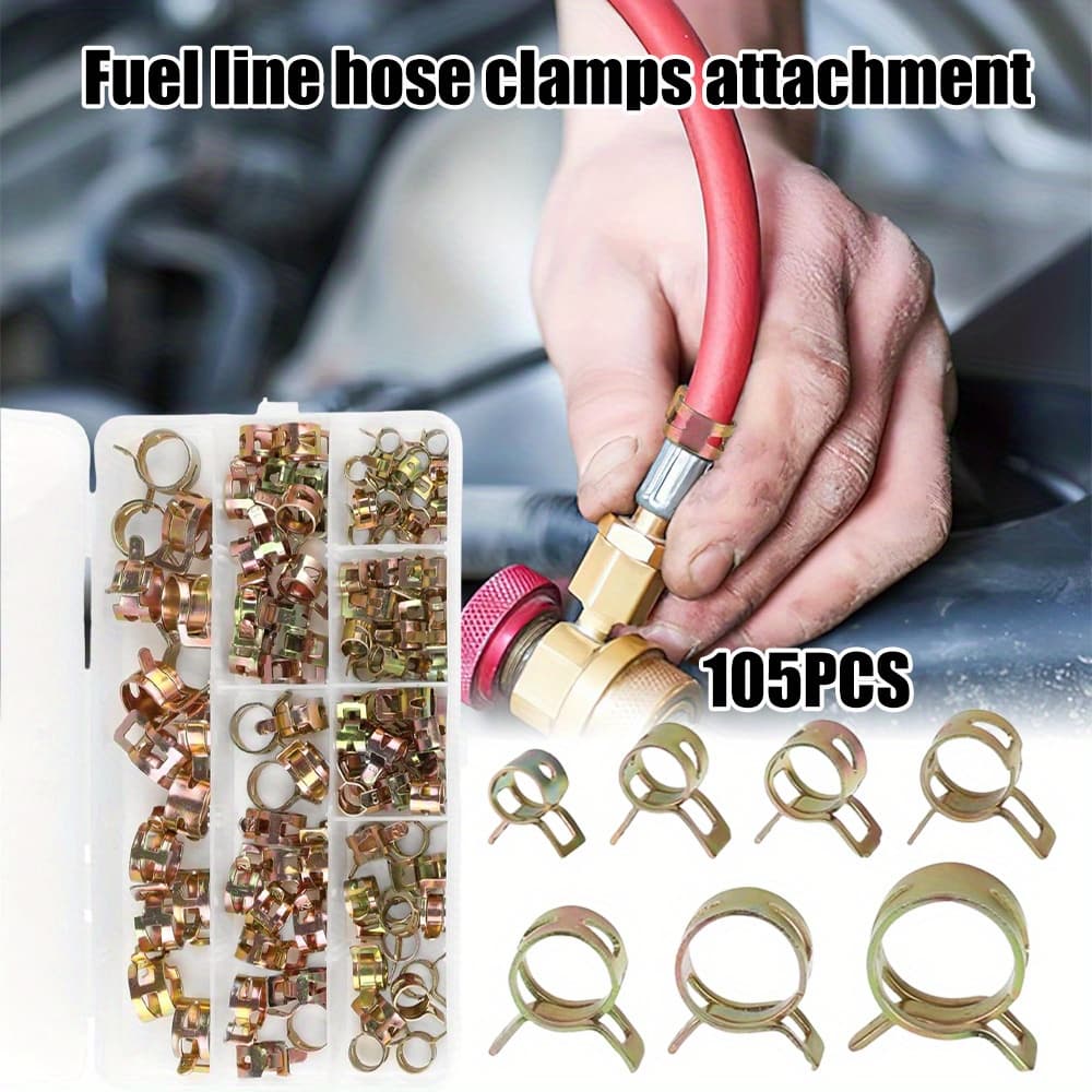 TEMU 105pcs Fuel Line Hose Clamp Accessories Hose Spring Clamp Gasoline Hose Clamp 7 Sizes 6/ 7/ 8/ 9/ 10/ 12/ 14 Mm Water Pipe Air Hose Gasoline Hose Clamp Kit, Spring Hose Clamp