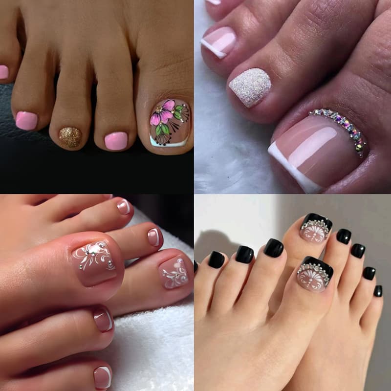TEMU (96pcs), Short Rounded Square Press On Toenails Combination Set For Flower Glitter Pedicure Nail Art Full Coverfalse Toenails For Women