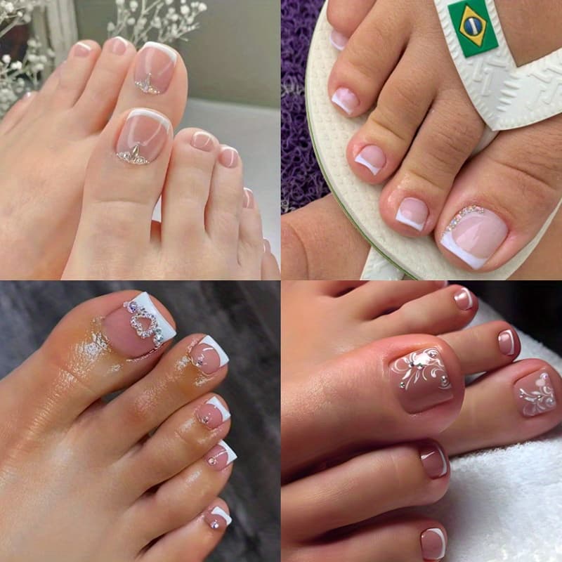 TEMU 96pcs (4pcs) Glossy Short Square Press On Toenails White French Tip Fake Toe Nails With Designs Pink Full Cover Acrylic Toenails For Women