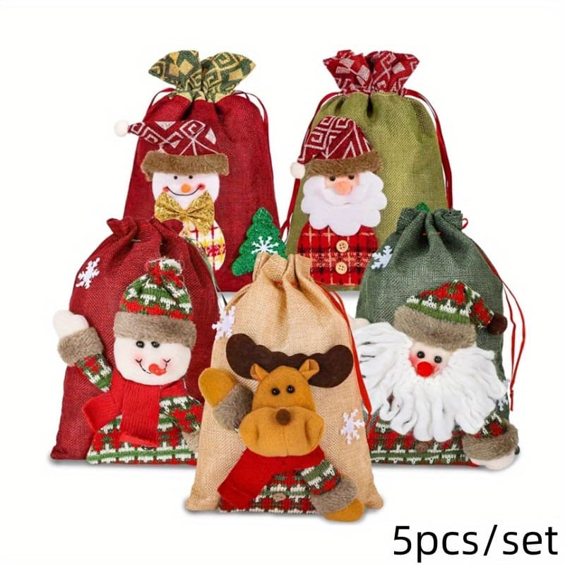 TEMU 5pcs/ Set Drawstring Christmas Gift Bags, 3d Gift Bags, Christmas Wrapping Bags, Goodie Bags, Reusable Christmas Pouch Bags, Sack Stockings, Party Favor Bags, 8 X 11in, 8 X 12in