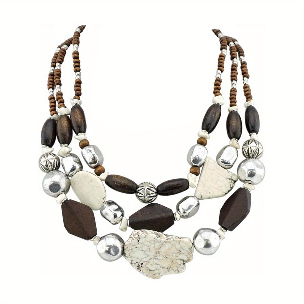 TEMU Bocar 3 Layer Turquoise Wood Beaded Statement Chunky Necklace Multi Strands Handmade Collar Jewelry For Christmas Halloween Gifts