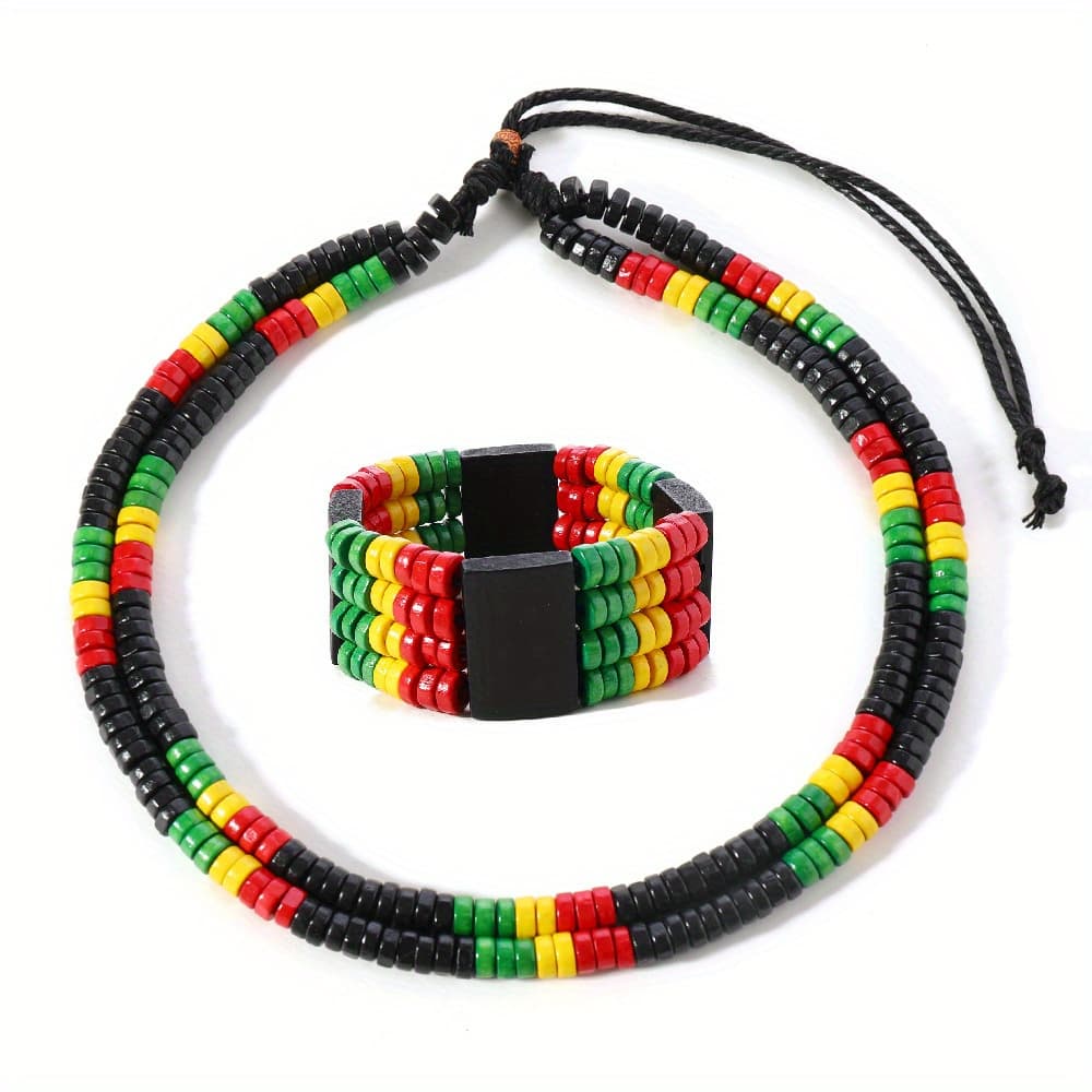 TEMU Men's Jewelry Set Featuring Of A Necklace And Bracelet Made With Flat Wooden Beads In Red, Yellow, And Green