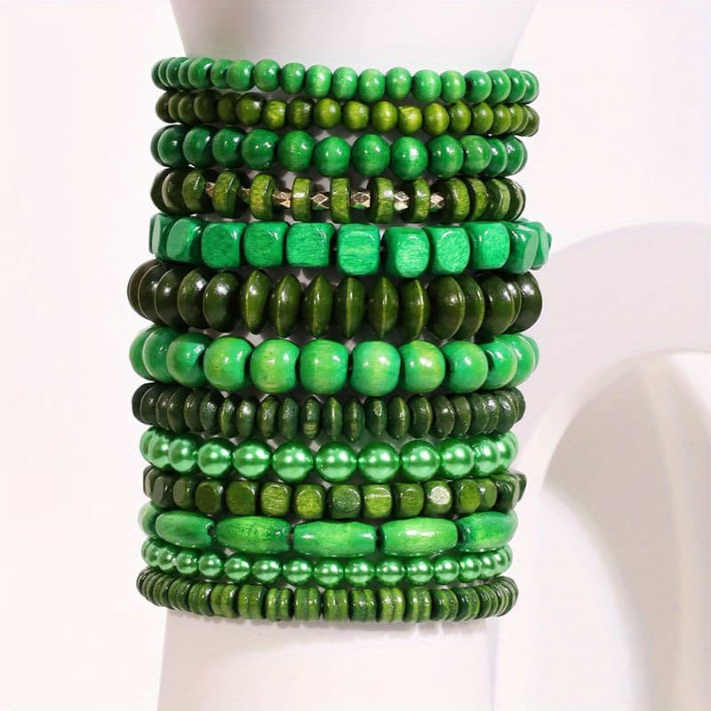 TEMU 13pcs 's Day Themed Bracelets Set, Stacked Bracelets, Green Boho Beaded Bracelets For Festivals, Parties And Gift- Occations