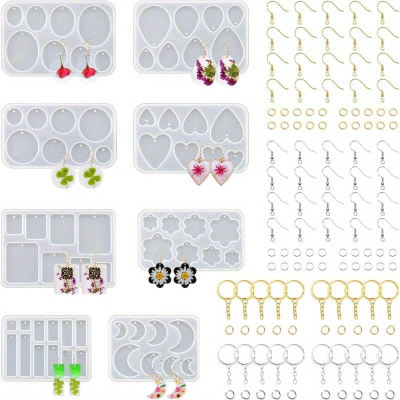 TEMU 128pcs Multiple Earring Mold With Holes Basic Epoxy Keychain Kits Bundle Complete Set Necklace Pendant Moldes Para Resina Epoxica For Diy Handmade Gift Accessories
