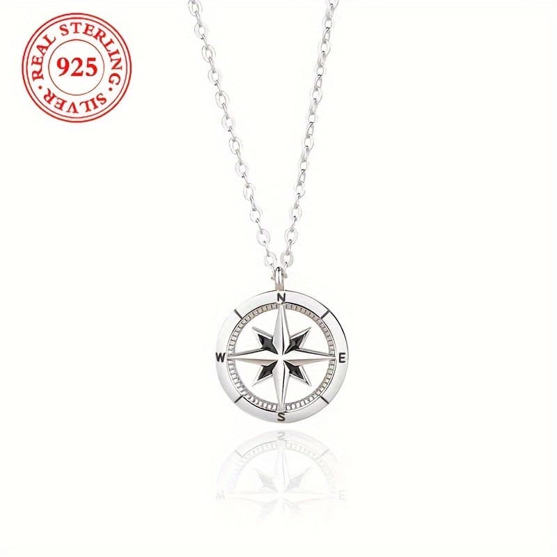 TEMU 925 Sterling Silver Geometric Compass Pendant Necklace With Star - Elegant, Dainty, And Jewelry For Women And Girlfriend - Perfect Gift For Any