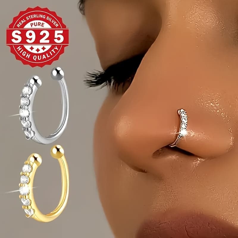 TEMU 2pcs Bohemian Nose Ring, 925 Sterling Silver With Cubic Zirconia No Piercing Needed, Fashion Hip Hop Accessory