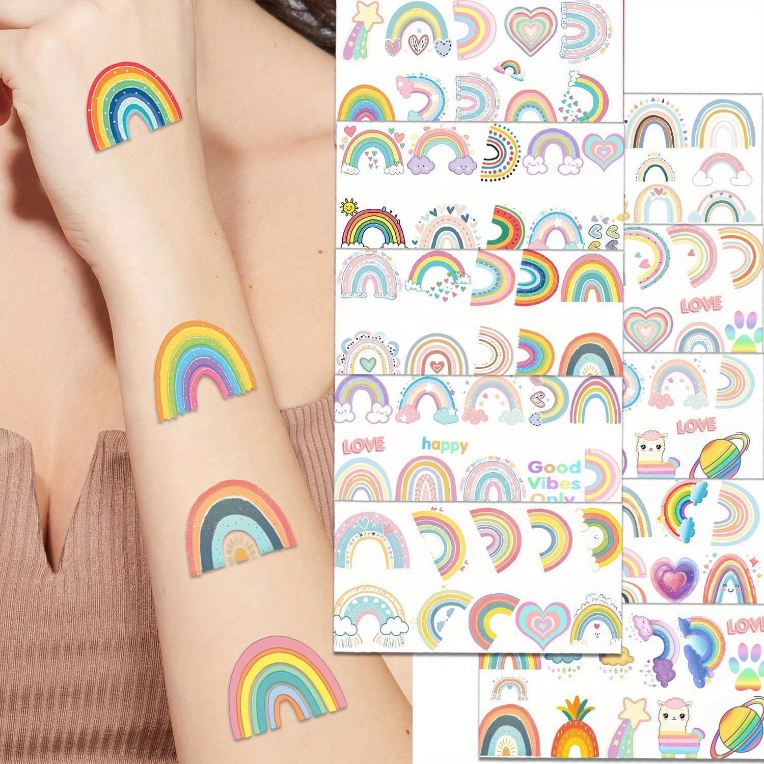TEMU 10 Sheets Cartoon Rainbow Temporary Tattoos Pastel Rainbow Style Fake Tattoo Boho Rainbow Birthday Party Decorations Party Favors Cute Fake Tattoo Party Supplies