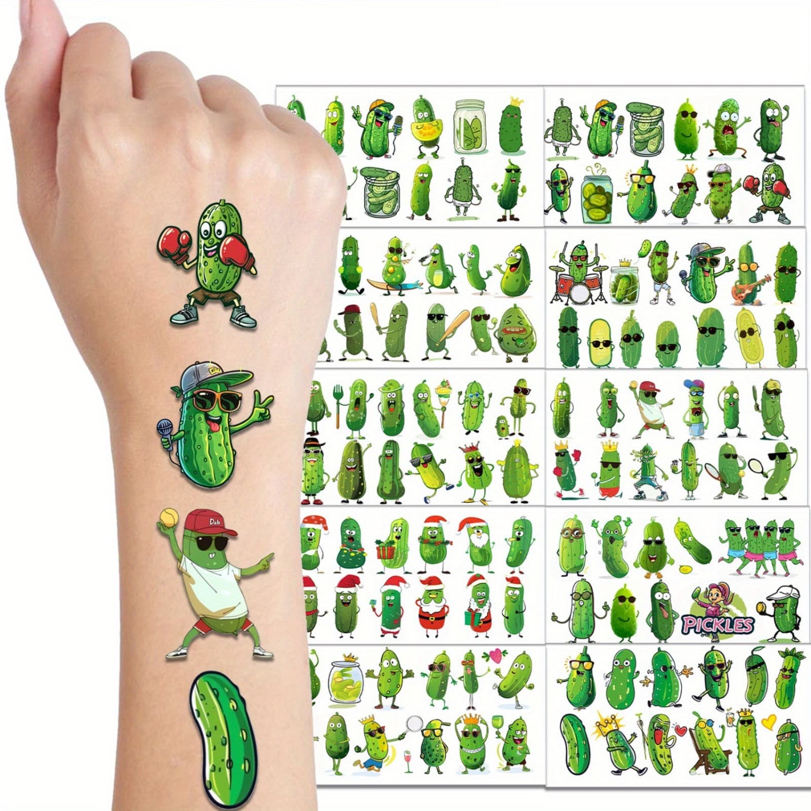 TEMU Funny Pickle Temporary Tattoo Cucumber Fruits Fake Tattoos Body Art Birthday Party Decorations 10 Sheets