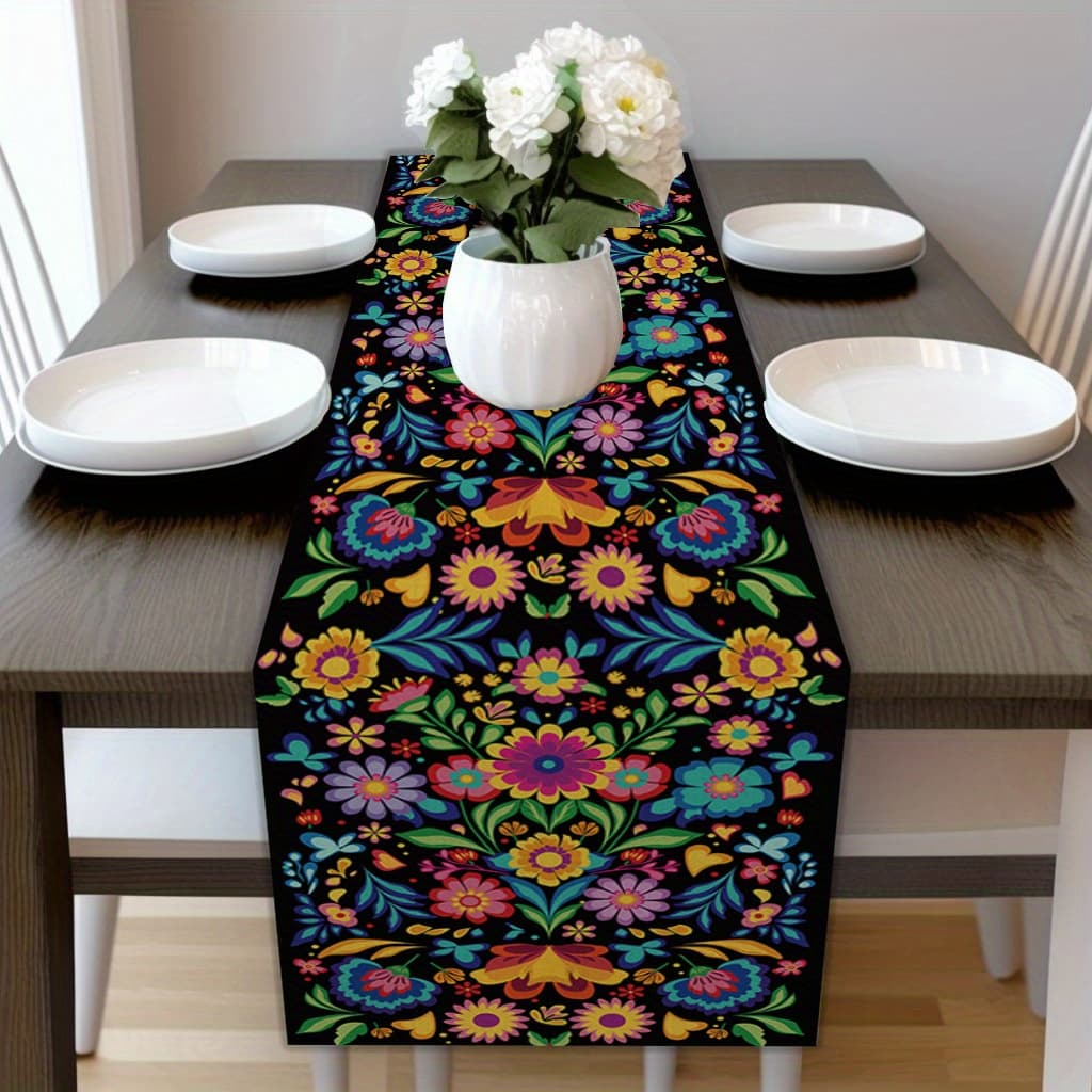 TEMU Mexican Floral Table Runner - 1pc Woven Polyester, 100% Polyester Rectangular Table Decoration Cloth - Decor For Parties, Christmas, Gift