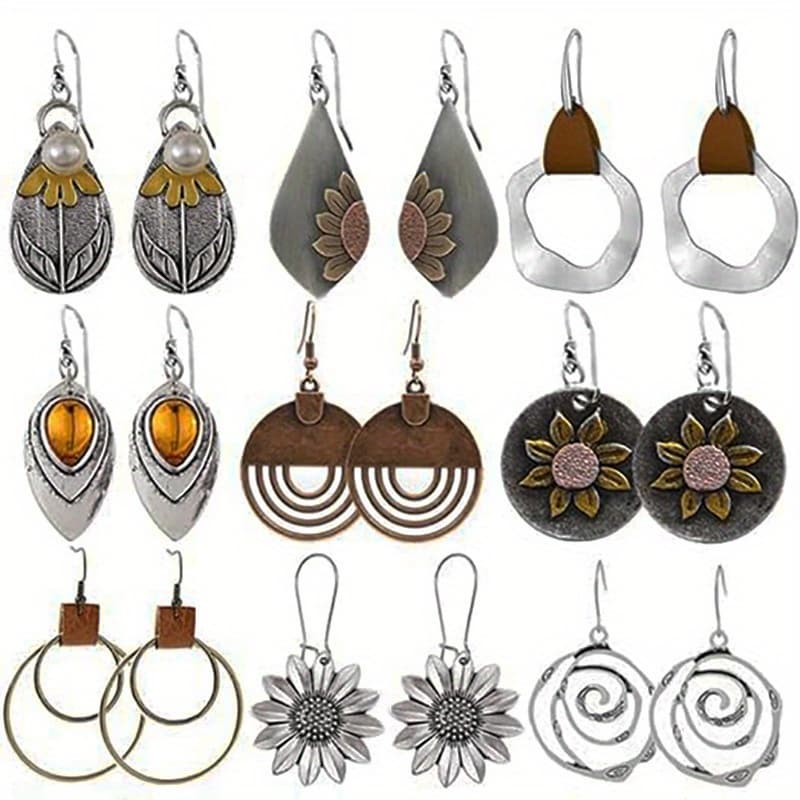 TEMU 9 Pairs Of Bohemian Retro Geometric Circular Earrings, Wooden Leather Earrings, Retro Sunflower Earrings, Women's Christmas And Birthday Gifts