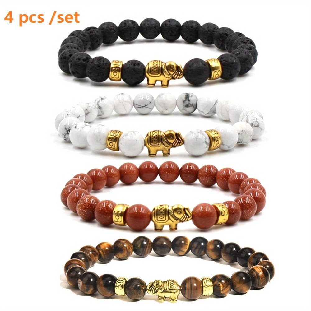 TEMU 4pcs Unique Natural Stone Elephant Bracelets Set - Adjustable Bracelets, Fathers Day Gift, Ideal Gift For Men, Dads, And Grandfathers