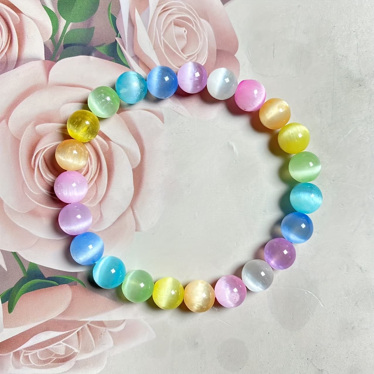 TEMU 1pc 8mm Aura Natural Selenite Round Bead Bracelet - Pastel Rainbow Colored Beads, Smooth Polished Unisex Jewelry For , Elegant For Casual & Formal Wear