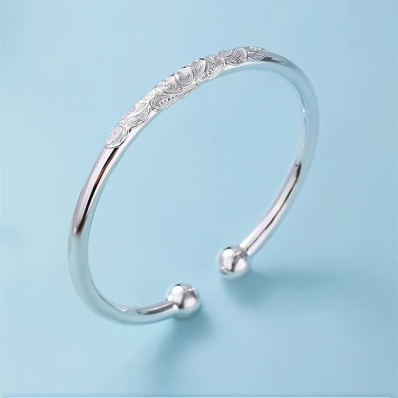TEMU Elegant Boho Style Adjustable Cuff With Dual Bead Design -925 Silvery Open Bangle For Women, Perfect For Daily Wear & Special Gifts, Valentine's Day Suitable, Universal Fit