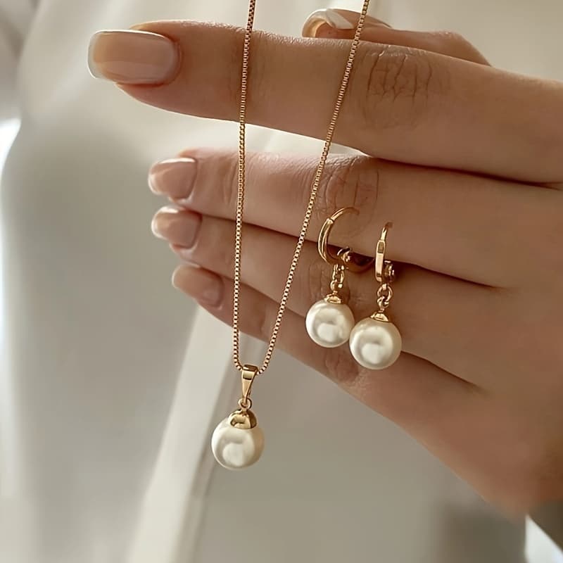 TEMU 3pcs Elegant Vintage Jewelry Set, Stylish Simple Necklace And Earrings Set With Imitation Pearl Pendant, Women's, Golden, Valentine's Day Gift