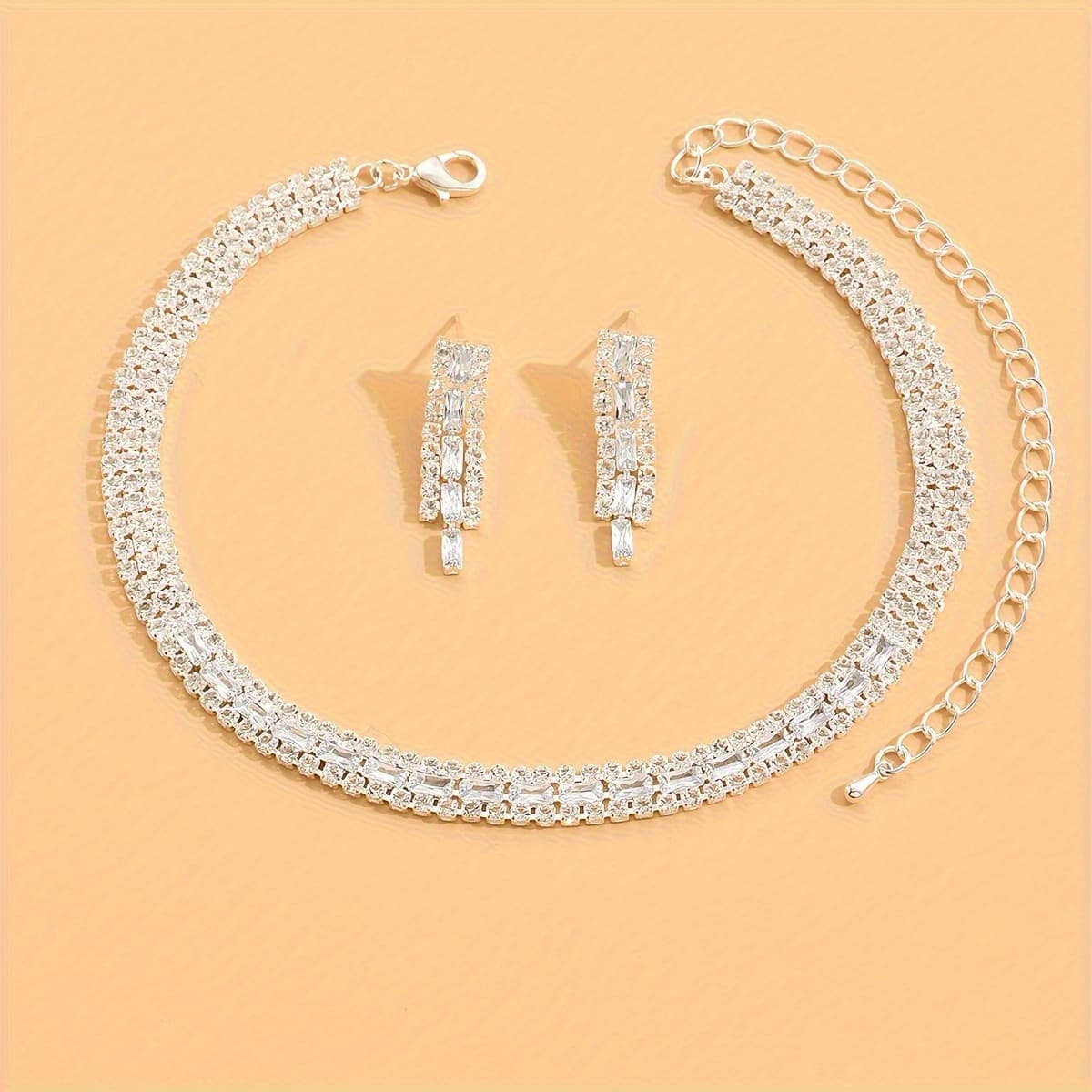 TEMU A Set Of 3 Earrings + Necklace Fashion Jewelry With Silver Plating, Covered In Sparkling Zirconia, Matching Daily Outfits And Party Accessories.