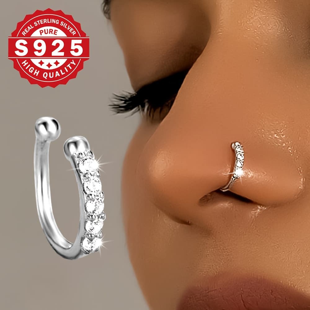 TEMU 1pc Bohemian Faux Nose Ring, 925 Sterling Silver With Cubic Zirconia, No Piercing Required, Fashion Hip Hop Accessory