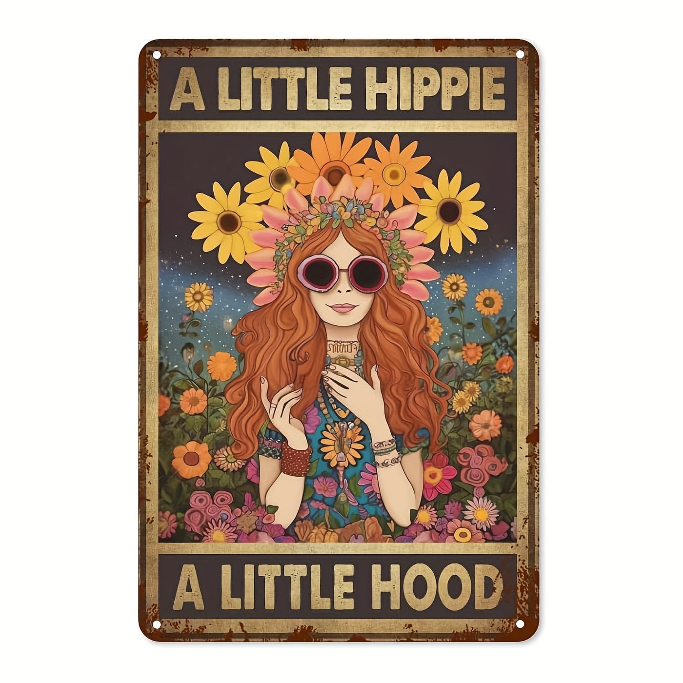 TEMU Vintage Hippie Metal In Bohemian Style - Floral Power Decor, 8x12 Inches, Rustic Signs For Bedrooms And Home Offices, Easy To Hang, Decoration