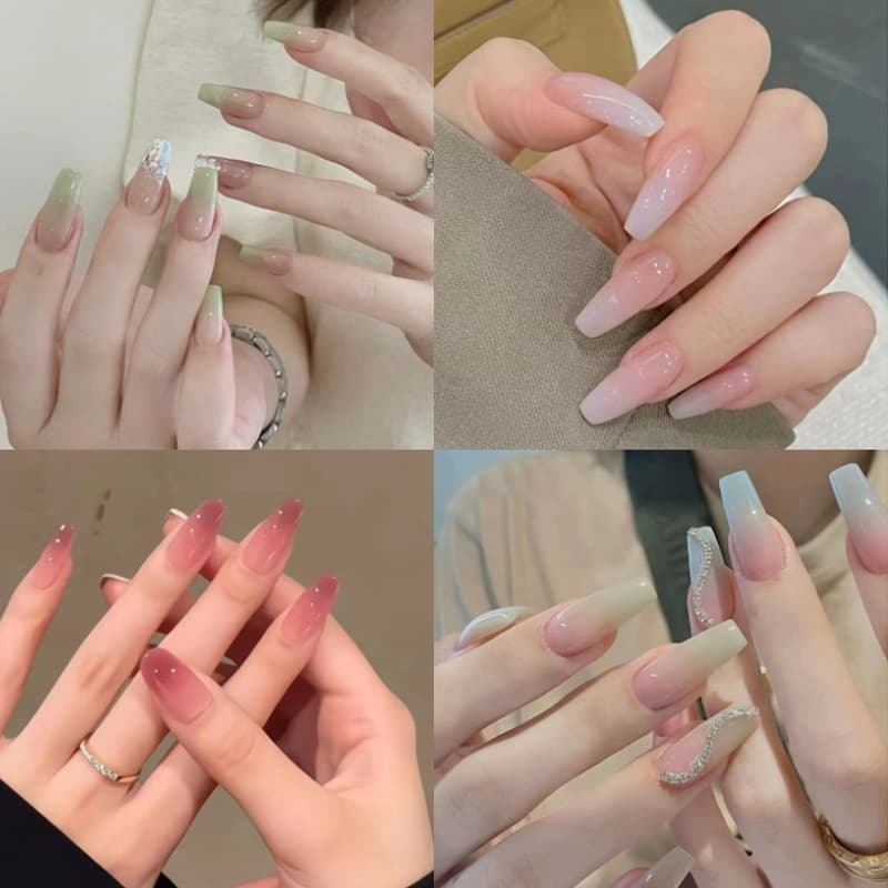 TEMU Set Of 96pcs (4 Packs) Featuring Gradient French Tip Press-on Nails In A Long , With Rhinestones. Artificial Acrylic Nails Are Fully Covered, Reusable, And . Ideal For Women