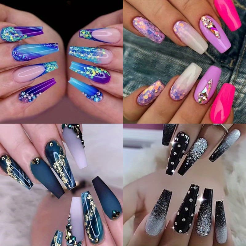 TEMU 96pcs (4pcs) Long Length Coffin Press On Nails, Blue Purple Gradient Glossy Fake Nails With Sequins Designs, Acrylic False Nails For Womenand Girls