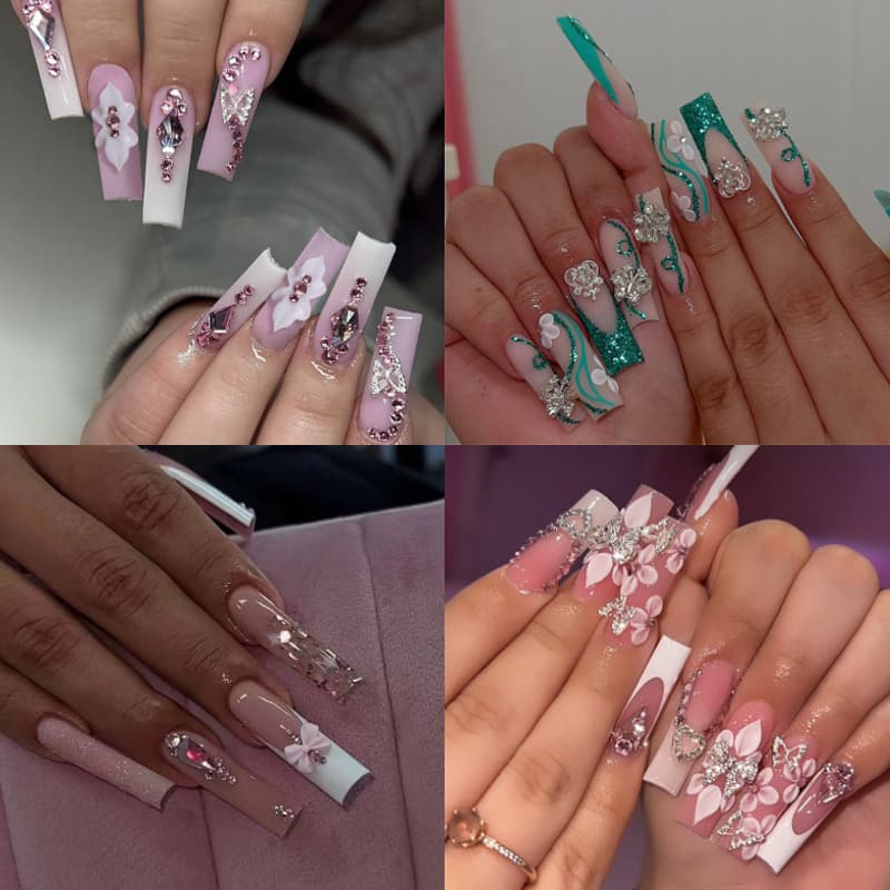 TEMU 96pcs European And American Press-on Nails Gorgeous Sweet Cool Flashy Broken Glitter Flowers Water Pipe Long Fake Nails Combination Set Suitable For Girs And Women Gifts