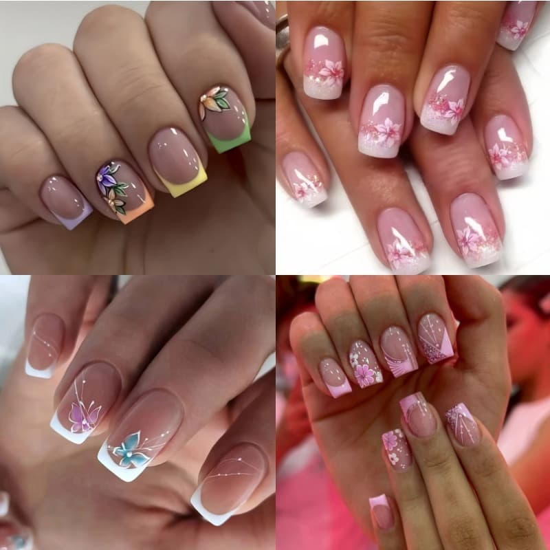 TEMU 96pcs French Tip Press On Nails Short Square Fake Nails Pink Flower Full Cover Tip Glue On Nails Art Supplies Artificial Nude Pink False Nails Stick On Nails For Women Acrylic Nails