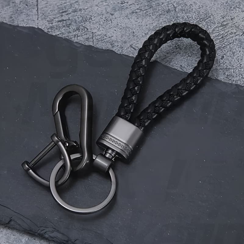 TEMU Fashionable Black Braided Rope Keychain - Durable Alloy, Anti Lost Car Key Pendant, Suitable For Men And Women