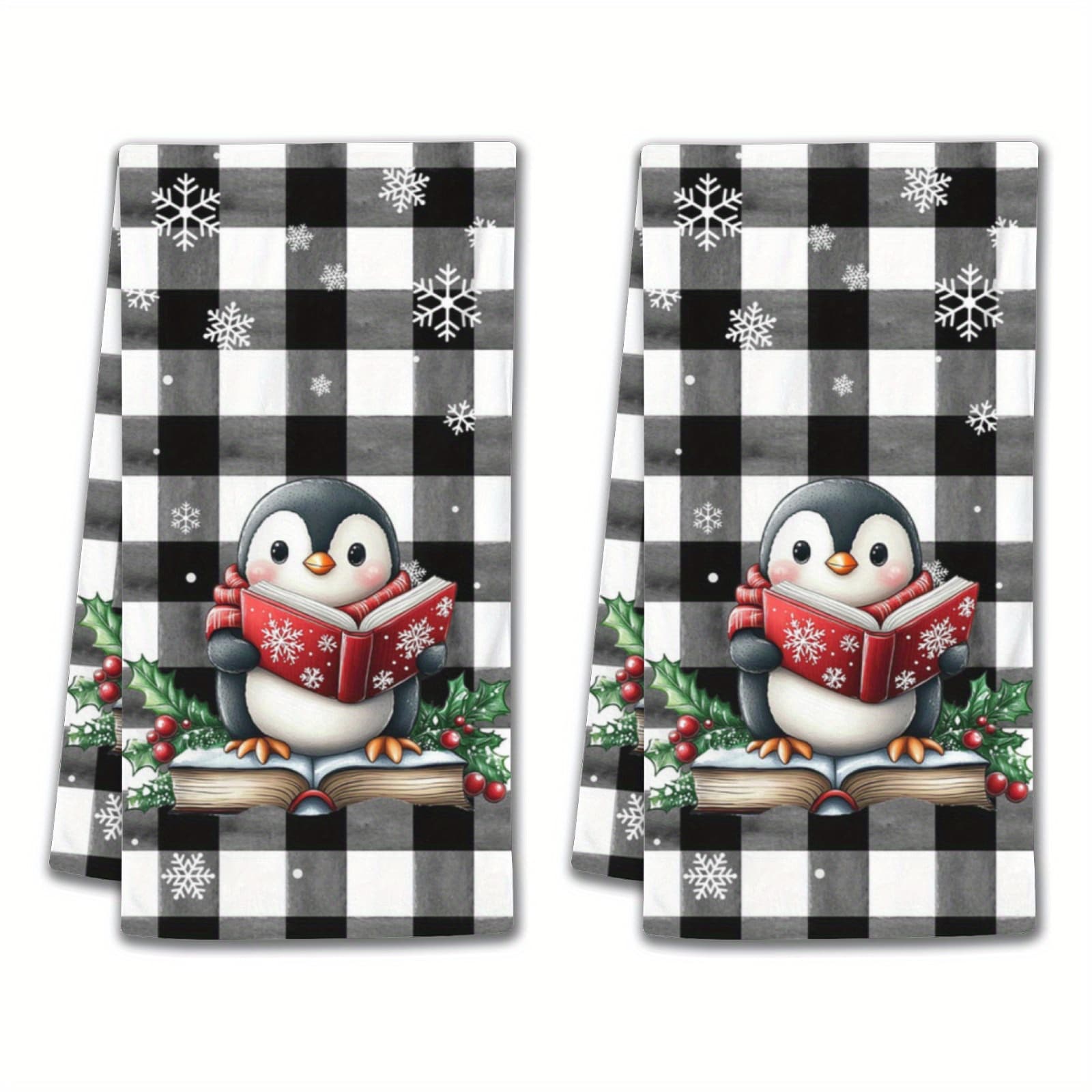 TEMU 2pcs Vintage Christmas Bathroom Hand Towel, Check With Penguin Design, Soft Polyester Microfiber, Modern Cartoon Style, Rectangular Bathroom Towels, 230g/㎡, Home Warming Gift