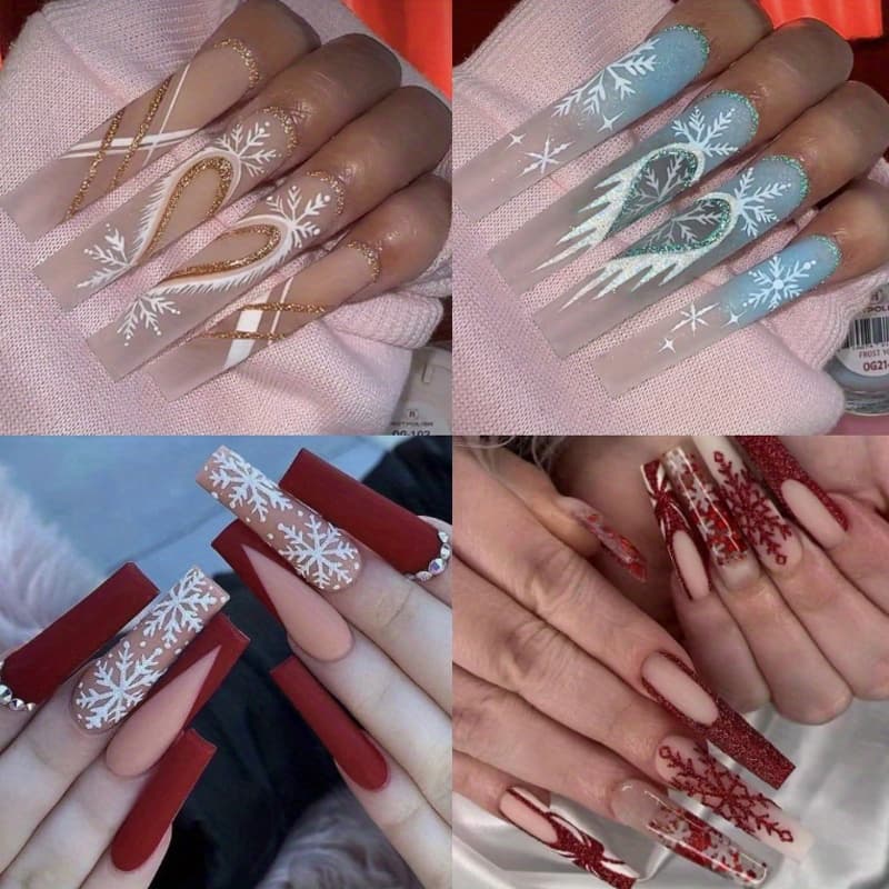 TEMU 96pcs (4 Pack) Christmas Press On Nails Long Fake Nails Full Cover White Red Matte False Nails With Ice And Stick Glue On Nails For Women Xmas Party Shiny Nail Decorations