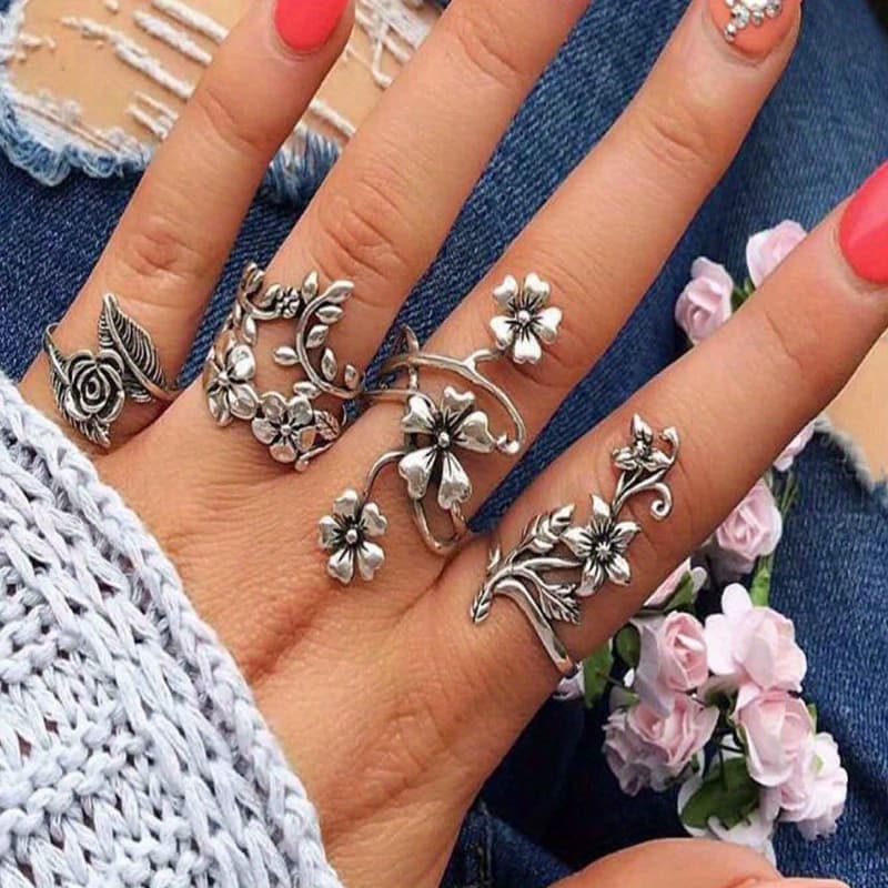 TEMU 4pcs/set Retro Flower Vine Leaves Joint Rings Set, Anniversary & Birthday Gift