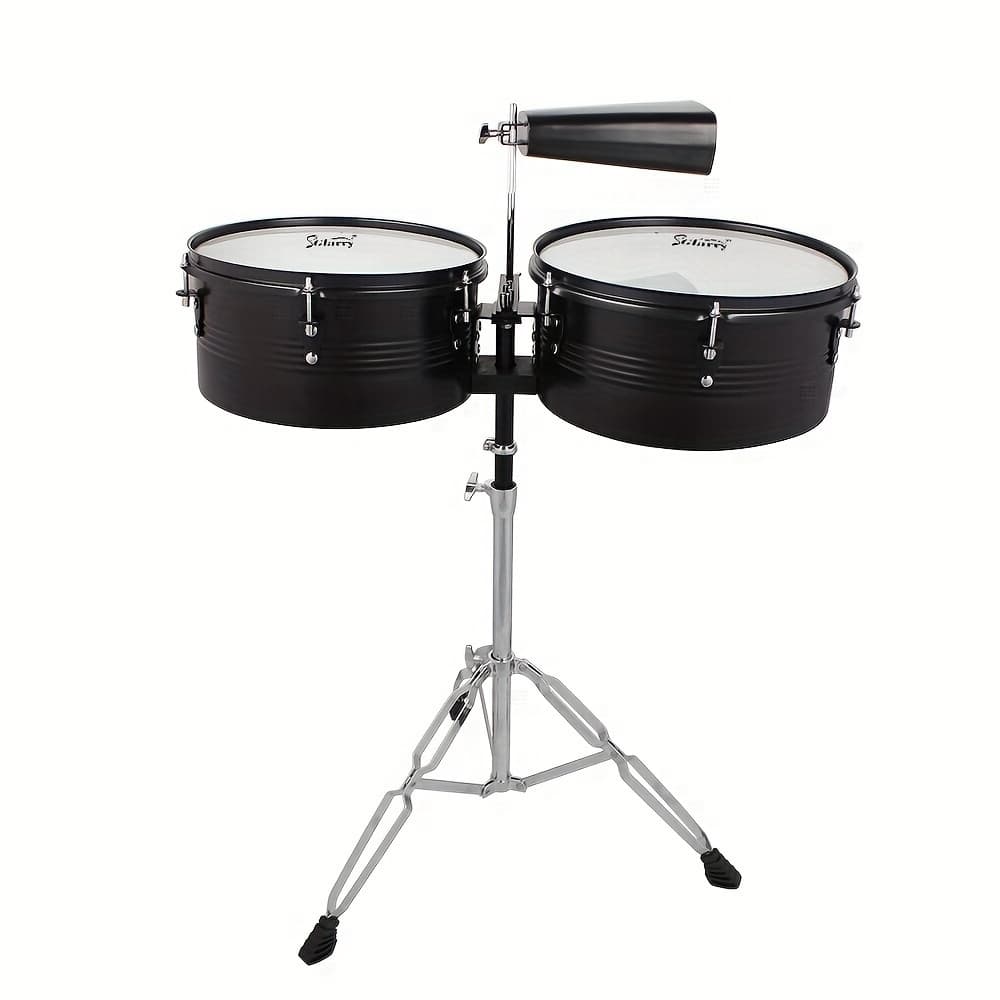 TEMU Percussion 13" & 14" Timbales Drum Set With Stand And Cowbell High Carbon Steel Material Black