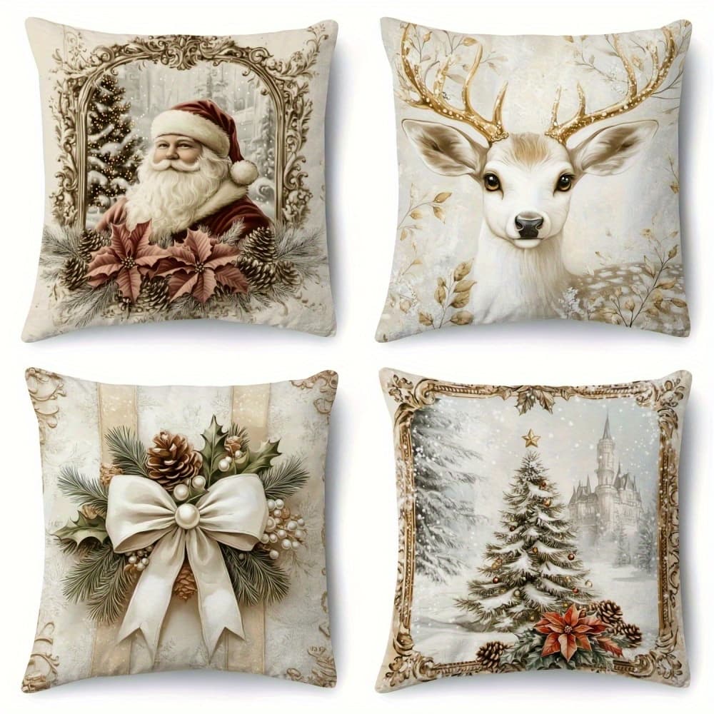 TEMU 4pcs Christmas - 18x18 , , Gold And Decorative , , Bows And , , Polyester, Suitable For Sofa And Decoration - No