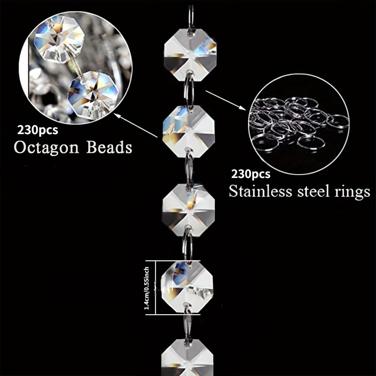 TEMU 460pcs Crystal Garland Set - 14mm Transparent Octagonal Prism Beads, Hanging Chandelier Chain For Wedding & Party Decorations