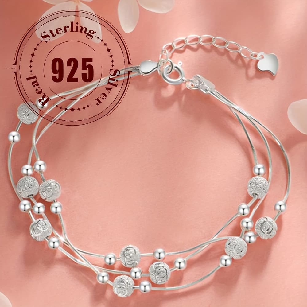 TEMU Elegant Set Of 3 Pieces 925 Sterling Silver Bead Bracelet - Perfect Gift For Her Daily Wear And Special Occasions