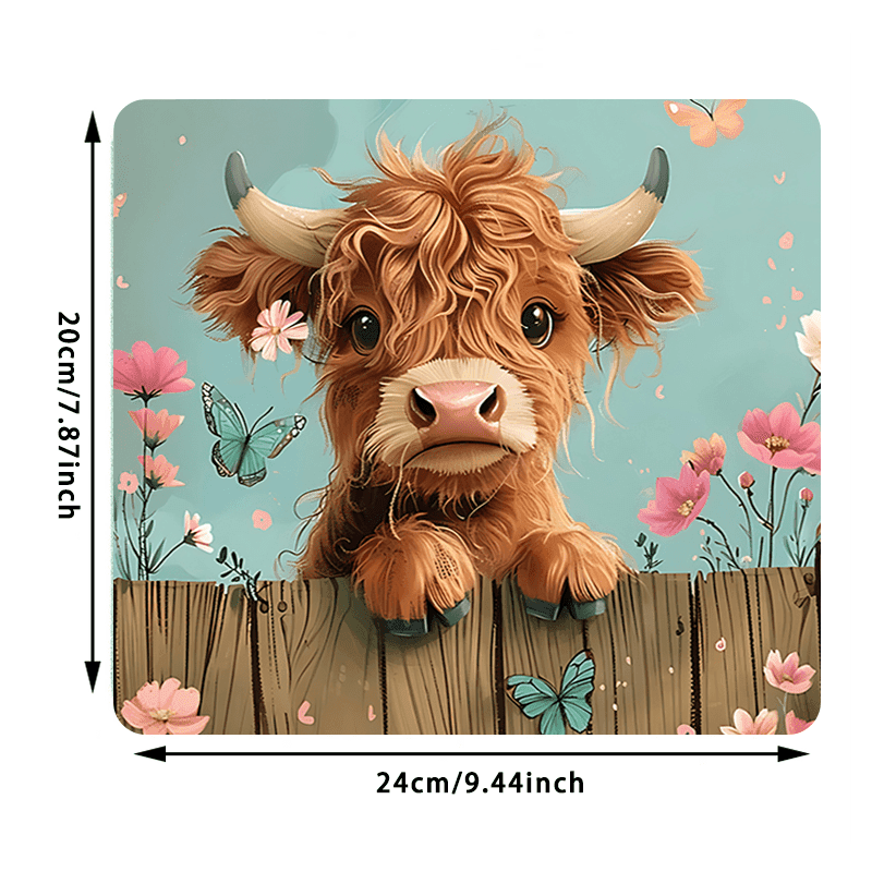 TEMU Adorable Highland Cow Mouse Mat With Flowers And Butterflies - Non-slip Rubber Base, Sew Edge, Table Mat For Office And Home, 9.44x7.87 Inch Office Table Mat, Floral Themed Design