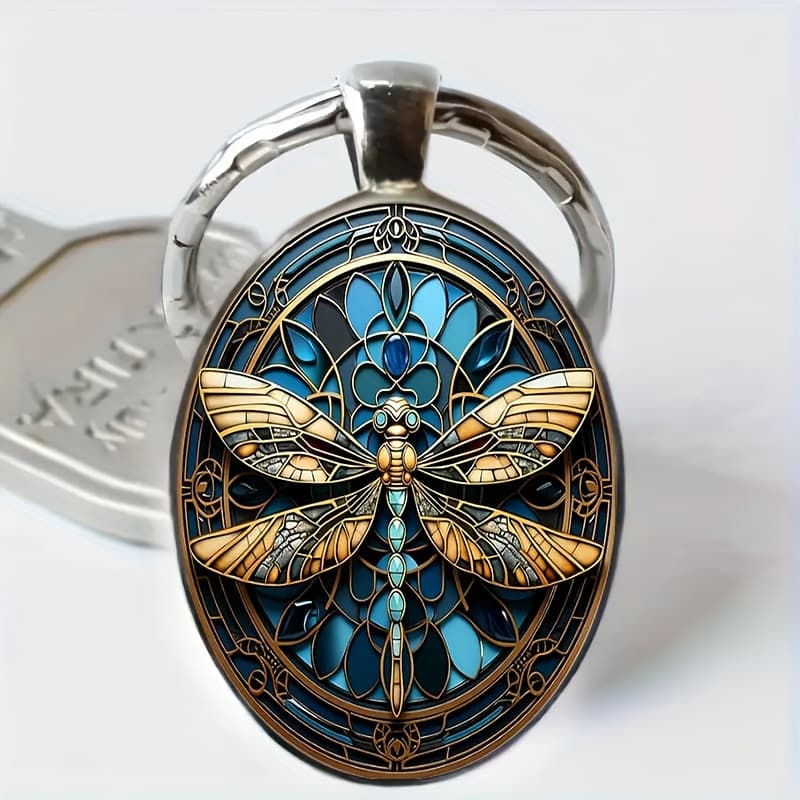 TEMU 1 Piece Of Fashionable And Elegant Keychain With An Oval Alloy And Glass Body Featuring A Dragonfly Pattern. The Perfect Accessory For Birthday Gifts And Like Halloween And Christmas Parties.