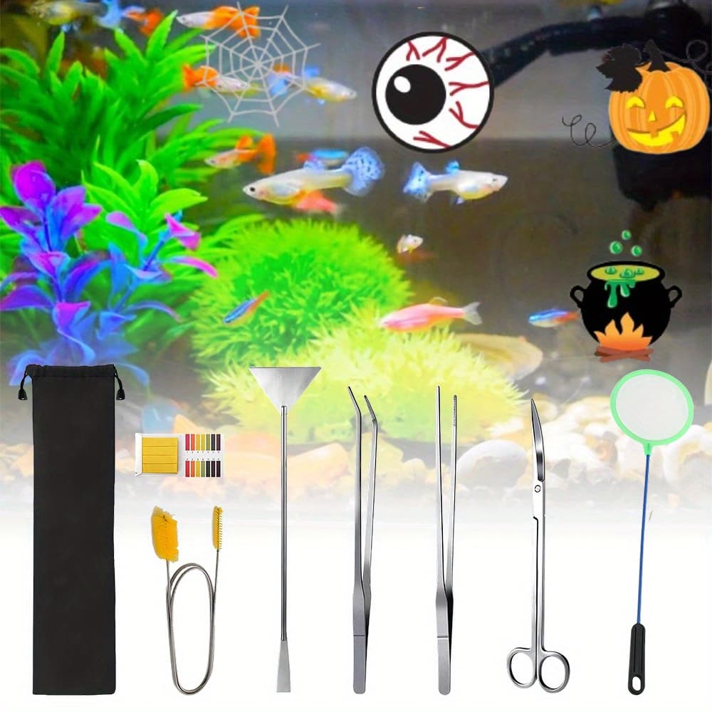 TEMU 7-piece Aquarium Environment Tools With 15-inch Rust-proof Metal Tools Fine Tweezers Wide Net Bag Ph Test Paper Set Waterproof Storage Bag Rust-proof And Durable Suitable For Daily Maintenance Of