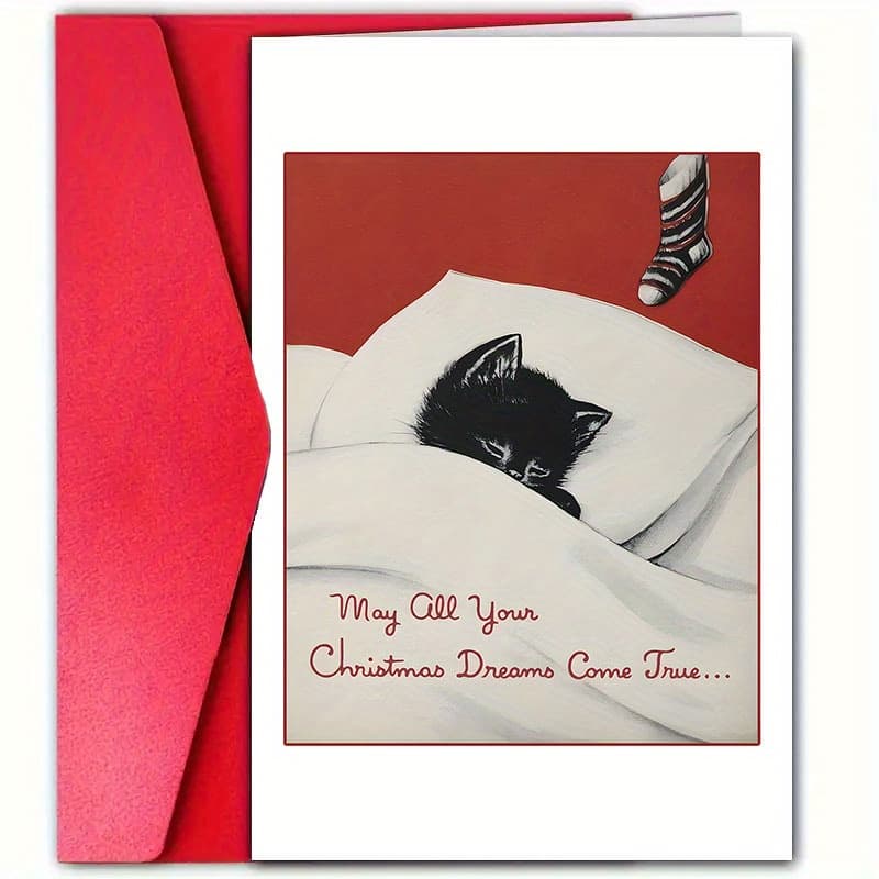 TEMU 1pc Christmas Greeting Card With Envelope - Cat Design, Paper Material, Perfect For , Family, Colleagues - Merry Christmas Wishes Card For Anyone