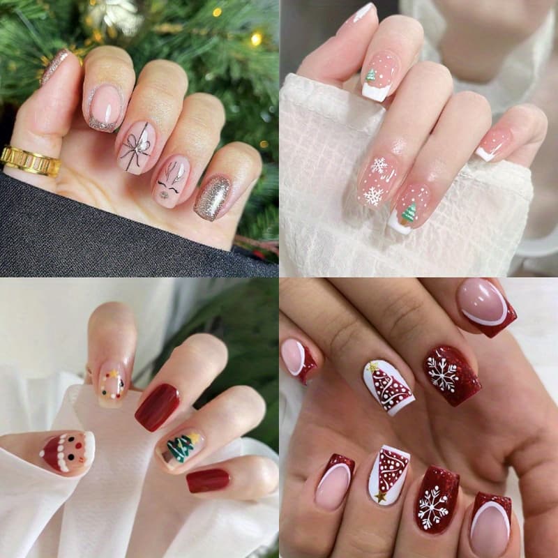 TEMU 96pcs Short Square Christmas Fake Nails (4pcs) Glossy Glitter Press On Nails Red Green Snowan Christmas Tree Pattern Glue On Nails Artificial Full Cover Stick On Nails For Women And Girls