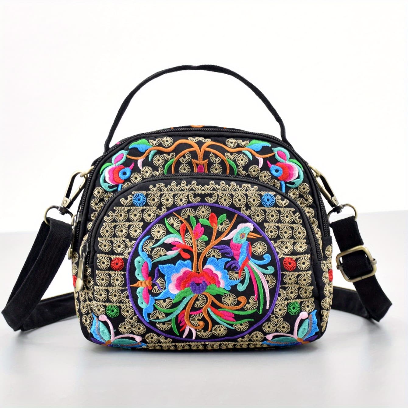 TEMU Chic Embroidered Floral Crossbody Bag For Women - Versatile With Multiple Zipper Compartments & Phone Pocket, Ideal For Travel