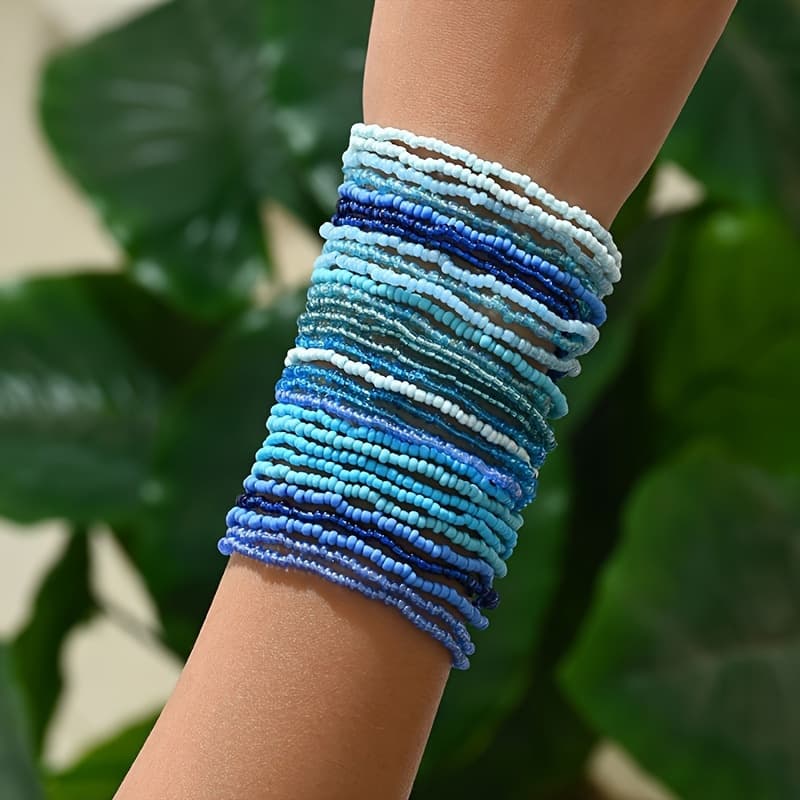 TEMU 30pcs Seed Beads Multilayer Elastic Braided Bracelet Set - Gradient Rice Beads, Boho , Adjustable Fashion Charm For Women - Versatile Wardrobe Essential