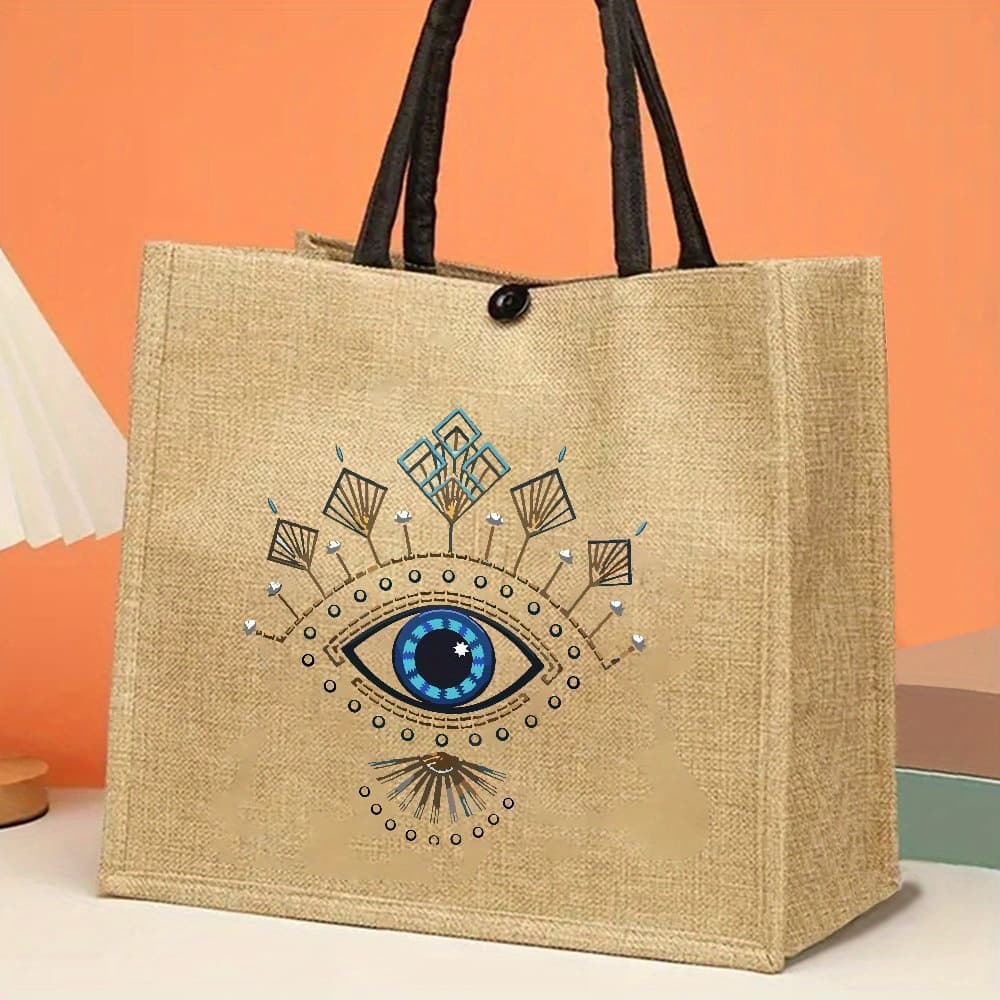 TEMU Product Aesthetic Tote Bag, Gift For Mystery Lover, Evil Eye Printed Handbag Large Capacity Trendy Durable Jute Bags For Outdoor Picnic, The Product Is A Printed Product