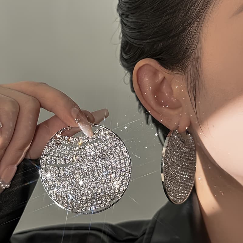 TEMU Luxurious Circle Hoop Earrings - Sparkling Round Bling Bling Earrings For Women With Exaggerated Design, Perfect For Formal Occasions And Casual Attire