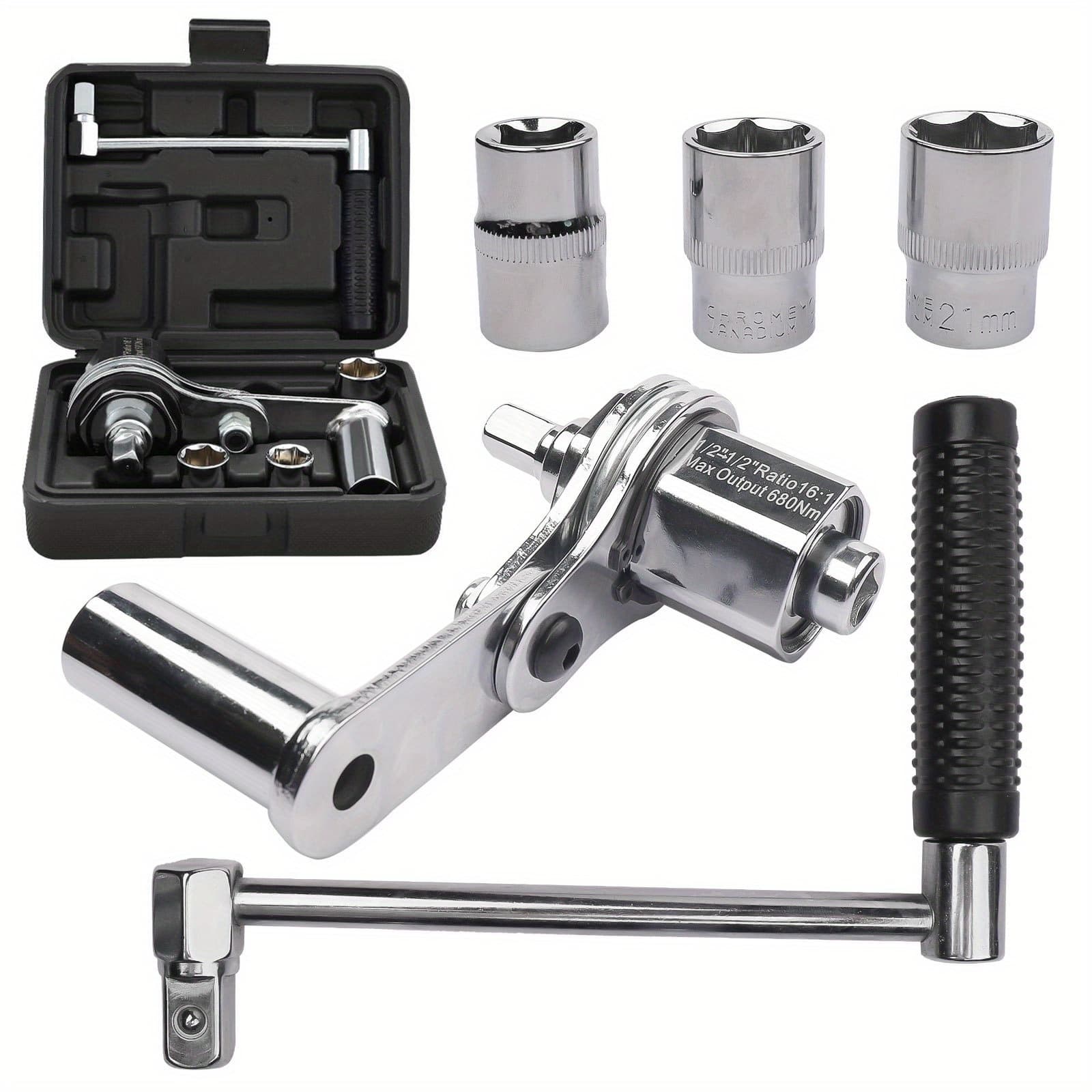 TEMU Heavy Duty Torque Wrench Set Nut Remover 1/2 Driver 1:16 Labor Saving With 17mm/19mm/21mm Sockets Removal Tool For Most Vehicles 680nm