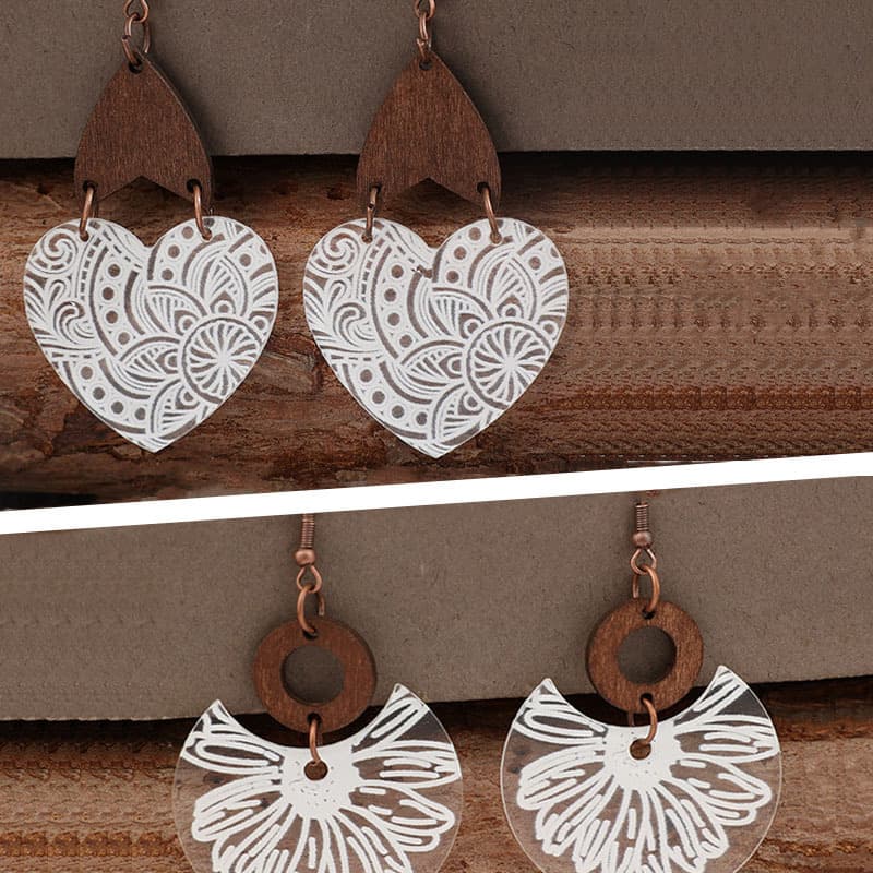 TEMU Bohemian Vintage Style Flower Pattern Dangling Earrings, Acrylic Wood Design Heart-shaped Round Earrings, Suitable For Daily, Vacation Wear, Fashionable And Elegant Women's Jewelry