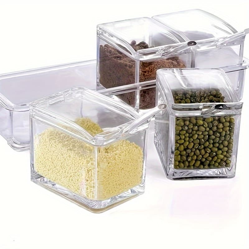 TEMU 4pcs Kitchen Seasoning Storage Box - Transparent Multi Grid Moisture Proof With Lid Seasoning Storage Box, Essential For Home And Apartment Use