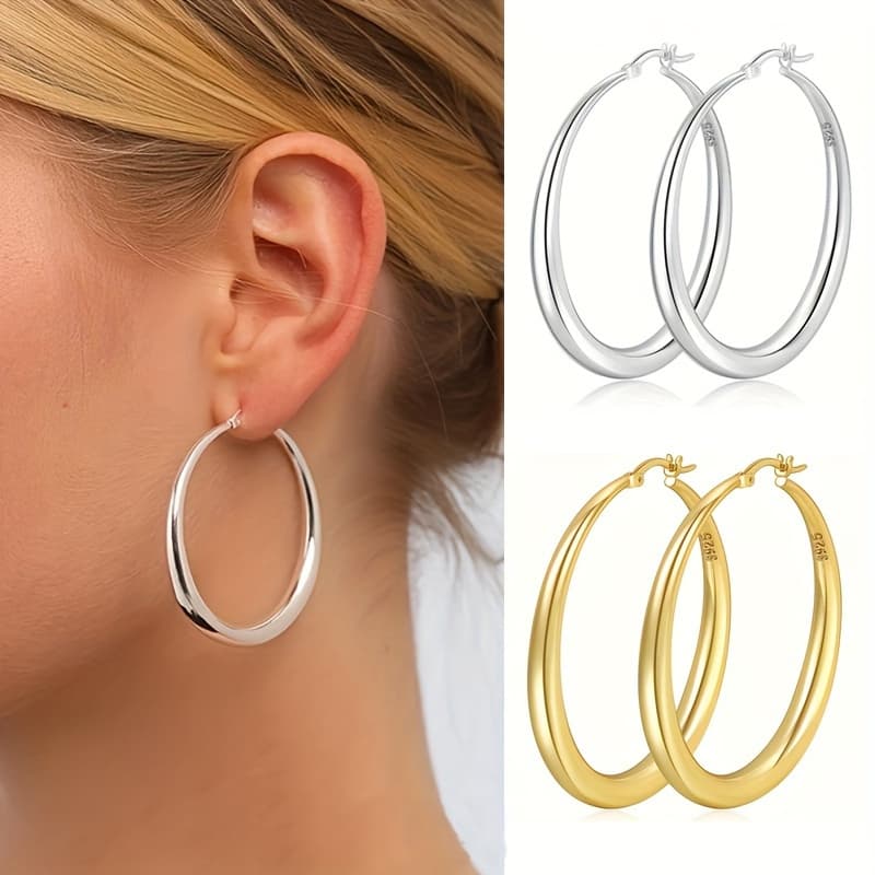 TEMU S925 Sterling Silver Hoop Earrings Women Large Silvery Hoop Earrings Hypoallergenic Lightweight Large Thick Silvery Hoop Earrings Women Girls 50mm
