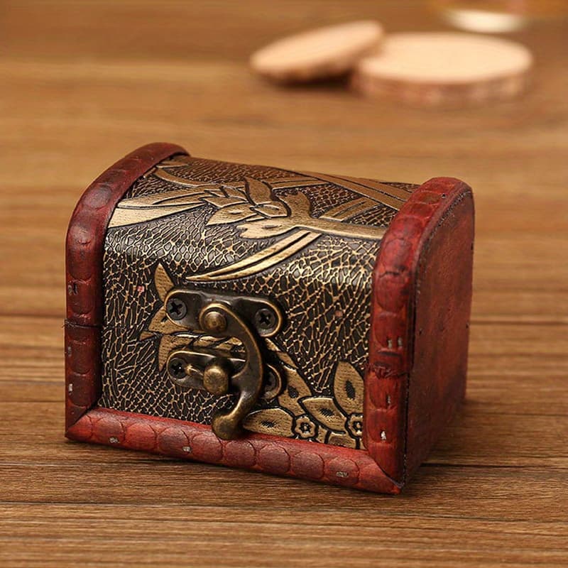 TEMU 1pc Vintage Leather-style Jewelry Storage Box - Exquisitely Rustic Small Wooden Chest, Beautifully Designed Decorative , Perfect For Storing Personal Trinkets And Keepsakes
