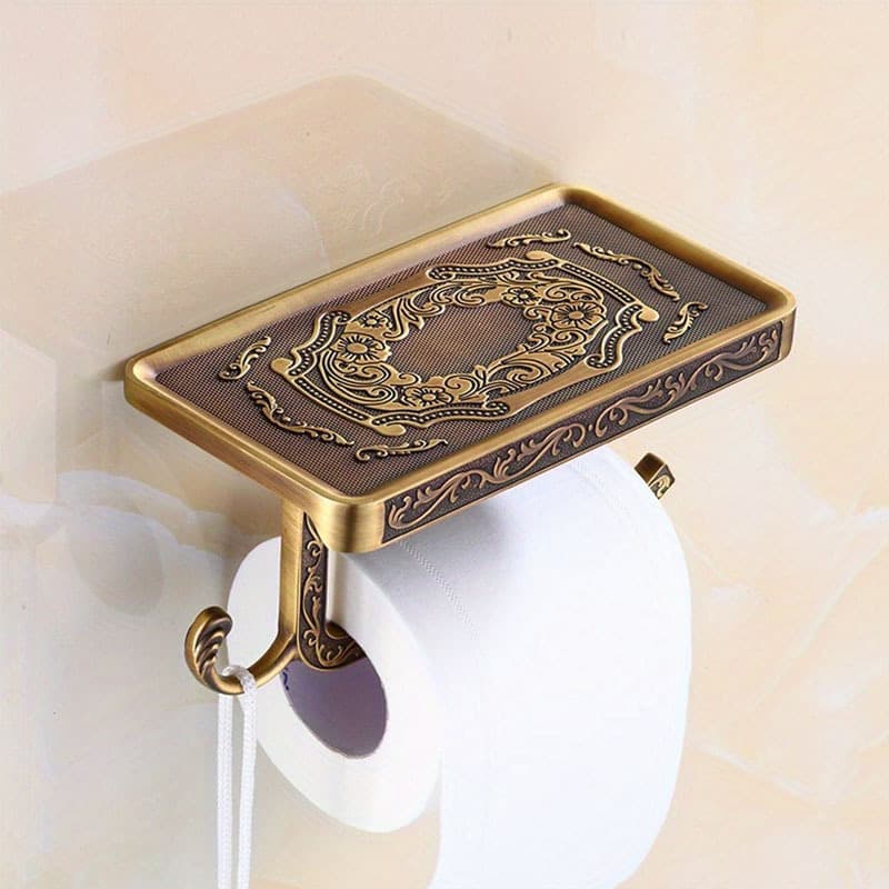 TEMU 1pc/2pcs Antique Brass Roll Tissue Holder With Shelf-elegant Vintage Toilet Paper Dispenser With Self-adhesive Mount-bathroom Accessories